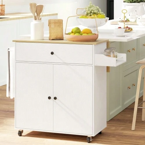 Kitchen Island, Kitchen Trolley On Wheels With Fold-Down Worktop, Drawer, Rolling Kitchen Cabinet With Shelf, Towel Rail, Spice Rack, Serving Trolley, White - White - View 1