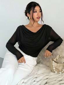 Blusa sexy de manga larga con cuello en V profundo y malla transparente ajustada para mujer de talla grande, adecuada para el Día de San Valentín, conciertos, actuaciones, citas, cenas formales, bailes de graduación, bodas, estilo sexy y elegante, para ir al trabajo, de vuelta a la escuela, vacaciones, playa, romántica, estilo sirena, fiestas de cumpleaños - Negro - Ver 3