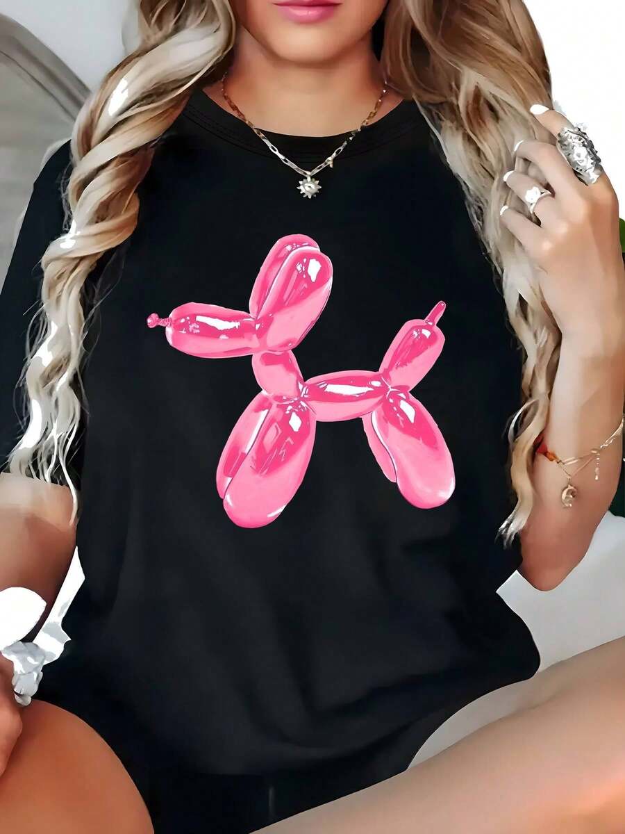 Camiseta Casual de Talla Grande para Mujer con Estampado de Perro Globo - Mezcla Suave, Cuello Redondo Elástico, Manga Corta, Lavable a Máquina - Ideal para Primavera y Verano, Top de Primavera-Verano | Camiseta con Estampado Divertido | Algodón Cómodo