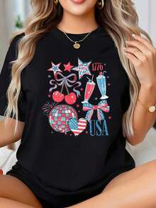 Camiseta Patriótica Vintage para Mujer "America Cherries" - Camiseta Gráfica para Celebración del 4 de Julio, Camiseta Patriótica para el Día de la Independencia, Camiseta Casual de Manga Co - Negro - Ver 6