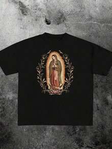1 Piece Casual Fashion For Men And Women Our Lady Of Guadalupe Virgin Mary Shirt Mother Latin T-Shirt Gift For Catholic Mom, Vintage 90s Y2K Tee - Soft, Breathable Crew Neck Tee, Lightweight & Comfortable Casual Summer Wear, Women's Tops, White Is Versatile, Easy To Match, Suitable For Daily Wear, Street Style, Holiday Outfits And Weekend Wear. - 黑色 - 查看 3