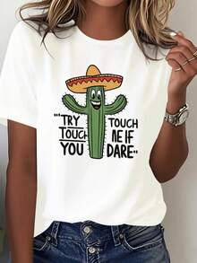 ComfortableCamiseta de mujer con estampado de cactus sonriente con sombrero,diseño moderno y original,ideal para un look casual y divertido.Loose Versatile Short Sleeve T-shirt for Women - Blanco - Ver 12