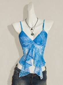 ICON Camisola Ajustada con Cuello en V y Volantes, Estampado Paisley Teal, Estilo Bohemio Retro Sexy Y2K para Mujer - Azul - Ver 5