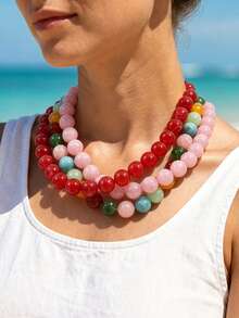1pc European And American Bohemian Round Geometric Cloud Multicolor Beaded Necklace, Stainless Steel 18K Gold Lobster Clasp, Gift & Daily Wear - Handmade Resin Beaded Stainless Steel Necklace - View 3