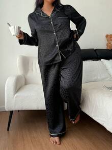 Plus Size Red Leopard Jacquard Long Sleeve & Pants Pajama Set - Black - View 6