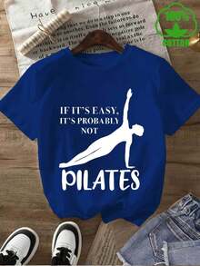 Camiseta de algodón puro 2026, estampada con el motivo de hacer Pilates con soporte de una mano, algodón puro de peso pesado, cuello redondo, manga corta, top versátil para todas las estaciones. - Azul - Ver 7