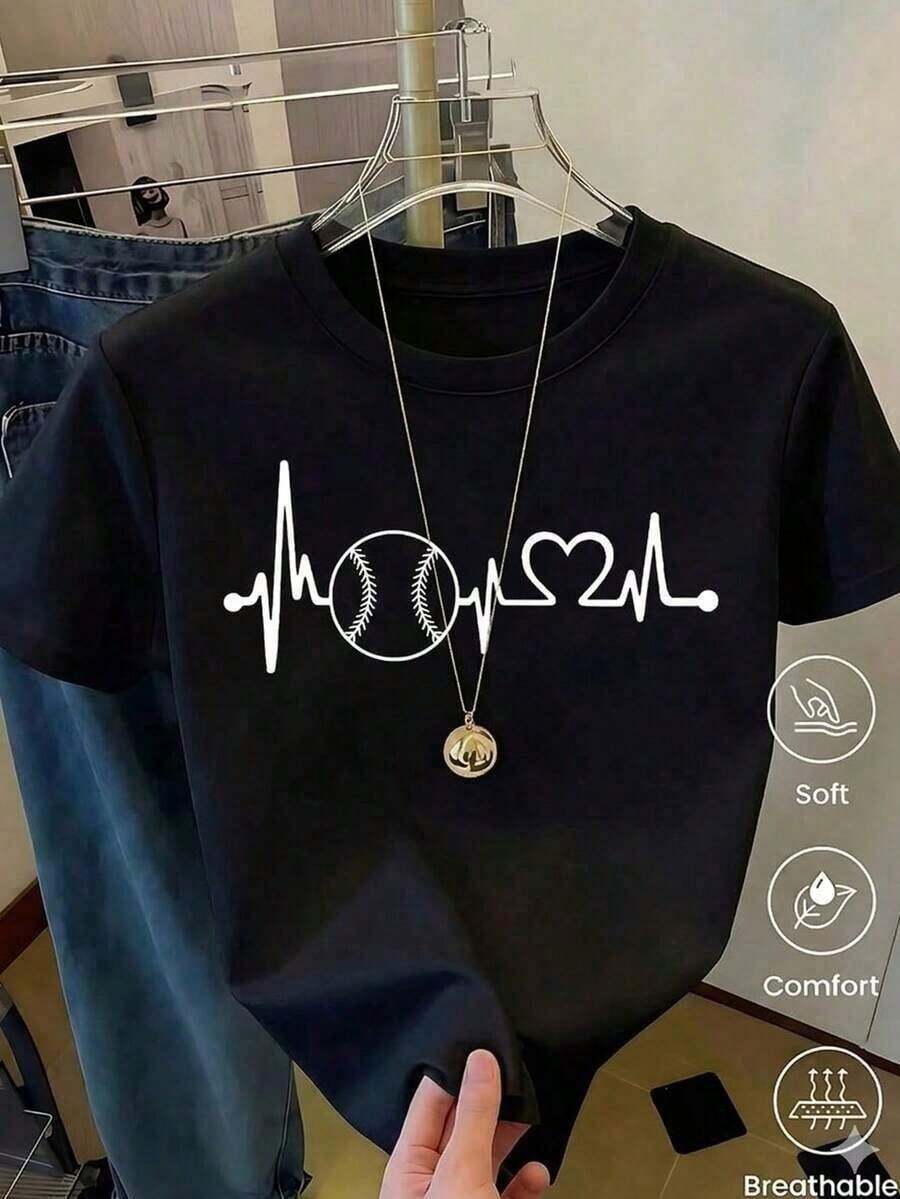 short-sleevePlayera Blanca de Mujer con Gráfico de Latido de Béisbol, Camiseta de Estilo Deportivo Minimalista con Corazón Manga Corta, Top Moderno para Fans del Juego, Blusa Casual Cómoda y Transpirable Blusas Bonito 100% Cotton100% Cotton - Negro - Ver 1