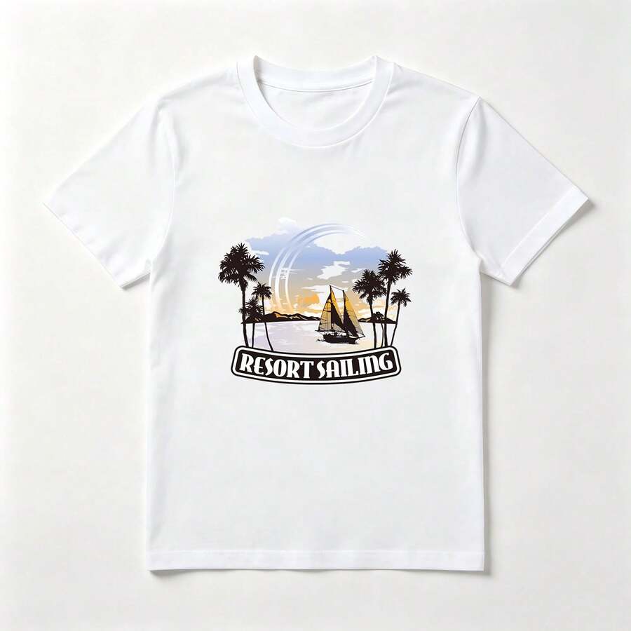 Tropical Sunset Summer White Cotton T-Shirt - 白色 - View 1