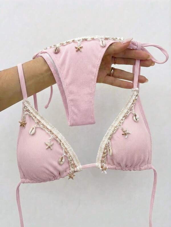 Bikinx Women's Solid Color Satin Ribbon & Shell Decor Triangle Cup Tie Bikini Set, Suitable For Summer Beach Vacation Pink