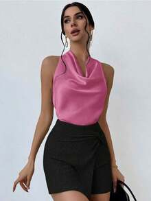 Blusa de mujer elegante y sencilla en color albaricoque con cuello drapeado y lazo - Rojo violeta - Ver 7