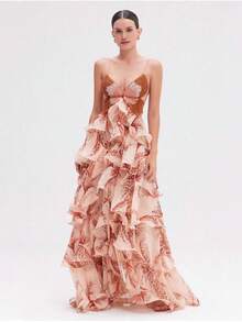 Nuevo Vestido Largo Estilo Verano Volantes Multiples Adorno de Mariposa - Dorado - Ver 2