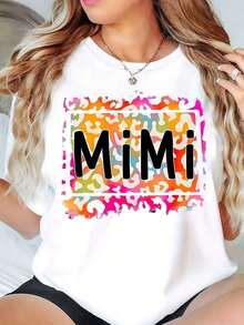 New Women's Summer Casual T-Shirt, Round Neck, Colorful Abstract Print, Mimi Graphic T-Shirt, 220g Summer Casual Top - Vintage Urban Style, Unisex, Loose Fit, Cotton, Short Sleeve, Round Neck - 白色 - 查看 6
