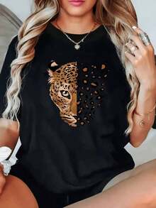 Under The RadarCamiseta Casual de Talla Grande para Mujer - Estampado Geométrico de Leopardo con Cuello Redondo, Ligero Elástica y Lavable a Máquina, Ajuste Cómodo Primavera/Verano, Blusas de Manga Corta-Vintage Street Style Unisex Loose Cotton Short Sleeve Crew Neck T-Shirt - Negro - Ver 7