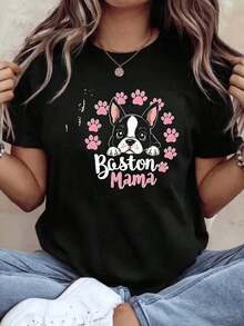 Casual Clothing GraphicWomen Short Sleeve Boston Terrier Dog Print T Shirt Cute Puppy Paw Pattern Casual Summer Top Comfortable Fabric Perfect Gift T-Shirt Blouses For Women>Shirt - 黑色 - 查看 7