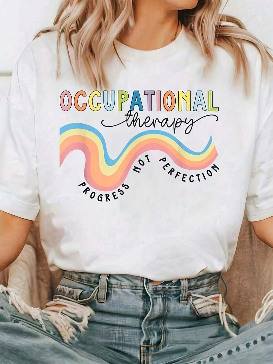 1 Women's And Unisex Professional Casual T-Shirt For Occupational Therapy Assistants - With The Slogan "Progress, Not Perfection", Soft And Breathable Casual T-Shirt, With Cursive Occupational Therapy Lettering, Machine Washable And Comfortable, Suitable For Therapists, Gift For Occupational Therapists, 180g 100% Cotton. - 白色 - 查看 1