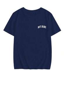 Nueva Llegada de Verano: Camiseta Casual de Manga Corta con Cuello Redondo y Estampado de Letras Rosadas de Estilo Americano Minimalista, Blusa de Mujer Moderna y Versátil en Color Blanco - Azul Marino - Ver 3
