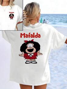Cheerful Girl Figure With Red Bow, Wide Smile And Open Arms Conveying Energy And Optimism. Women's T-Shirt With Double Print, Casual And Comfortable For Summer - 白色 - 查看 8