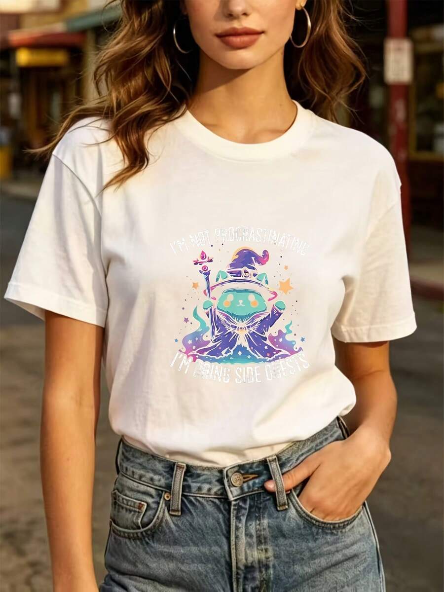 Women's Everyday Fashion T-Shirt, 180G, Soft, With The Phrase 'I'm Not Procrastinating, I'm On A Side Mission' - A Perfect Gift For Family And Friends, Festive Design, And Unique Print T-Shirt, Suitable For Casual Wear, Parties And Team-Building Activities. - 白色 - 查看 1