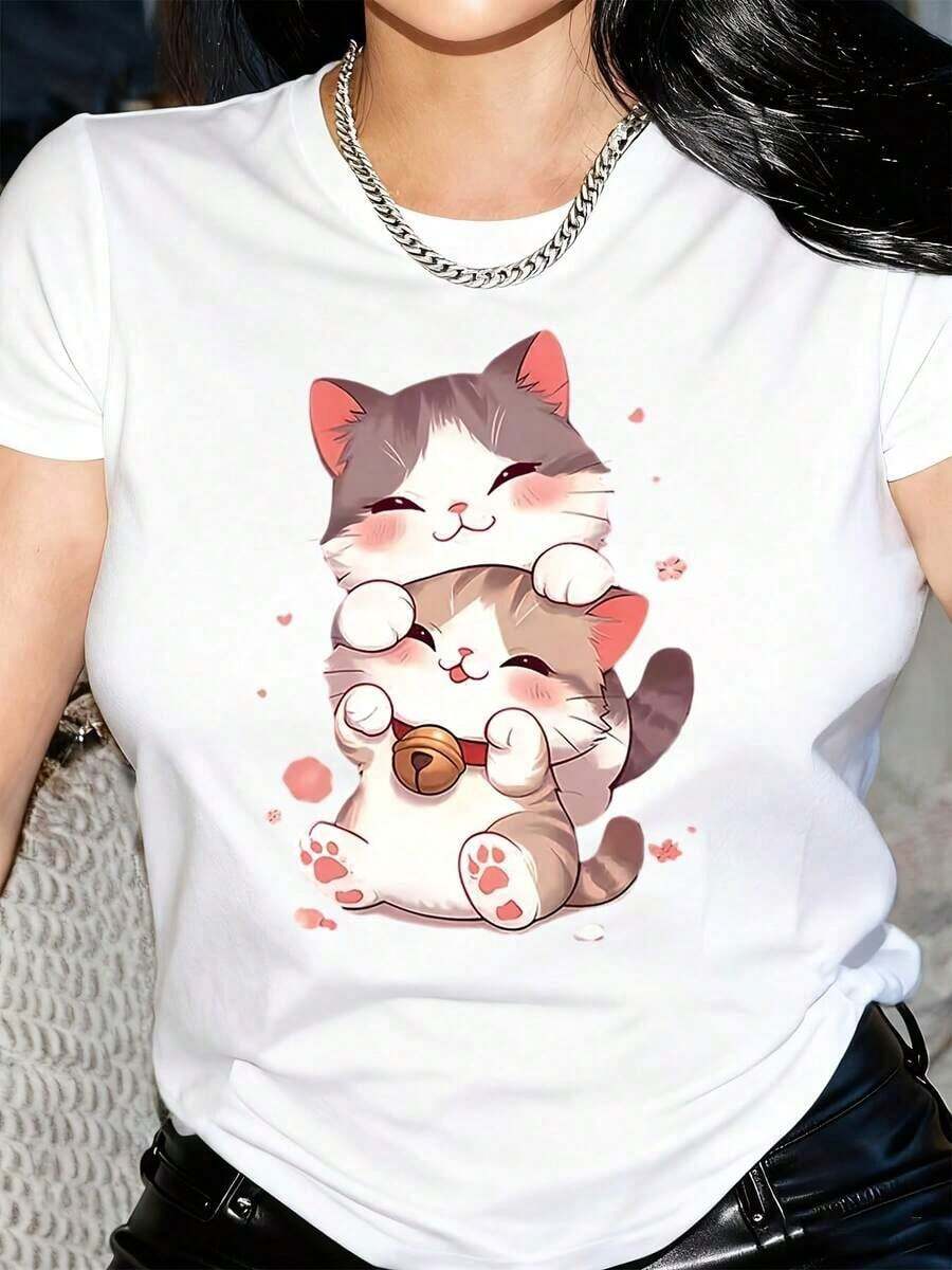 New Arrivals For Summer. Women's Short-Sleeved T-Shirt With Cartoon Cat Print - 3 Pink Hearts Design, Soft, Black Round Neck, Machine Washable, Casual Wear For All Seasons, Blouse, Shirt > Beautiful. - 白色 - 查看 1