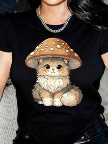 New Arrivals For Summer. 1 Piece Of Women's Casual Short-Sleeve T-Shirt - Cartoon Cat And Mushroom Hat Print, Round Neck T-Shirt In Vibrant Red, Soft And Breathable Fabric, Machine Washable For Casual Outfits, Fun Print T-Shirt For All Seasons, Machine Washable. - 白色 - 查看 6