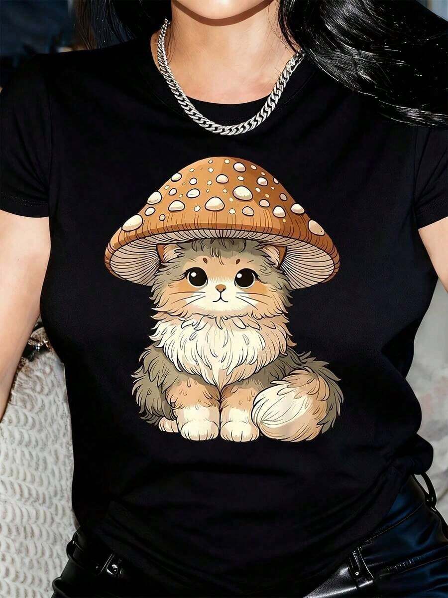 New Arrivals For Summer. 1 Piece Of Women's Casual Short-Sleeve T-Shirt - Cartoon Cat And Mushroom Hat Print, Round Neck T-Shirt In Vibrant Red, Soft And Breathable Fabric, Machine Washable For Casual Outfits, Fun Print T-Shirt For All Seasons, Machine Washable. - 黑色 - 查看 1