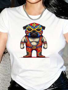 New Arrivals For Summer. Women's Pug Fighter Dog Print T-Shirt - Fighter Costume Design, Soft Crew Neck, Casual T-Shirt For Theme Parties, Role-Playing, And Casual Wear - Machine Washable, All-Season Comfort (Black With Blue And Red Mask) - Fun Gift For Pet Lovers. Blouse, Shirt > Beautiful. - 白色 - 查看 1