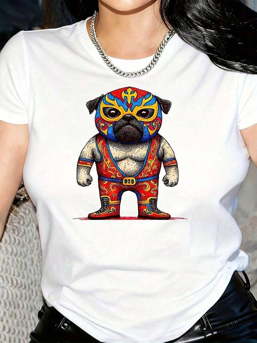 New Arrivals For Summer. Women's Pug Fighter Dog Print T-Shirt - Fighter Costume Design, Soft Crew Neck, Casual T-Shirt For Theme Parties, Role-Playing, And Casual Wear - Machine Washable, All-Season Comfort (Black With Blue And Red Mask) - Fun Gift For Pet Lovers. Blouse, Shirt > Beautiful. - 白色 - 查看 1