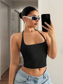 Camiseta de mujer de tirantes con cuello halter de unicolor - Negro - Ver 5