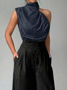 Blusa sin mangas de cuello alto de lino para mujer, blusa para ir al trabajo, camisa sin mangas asimétrica, adecuada para ir al trabajo, elegante, vacaciones, playa, estilo bohemio, Hawái, Día del Maestro, festival de música - Azul marino - Ver 7