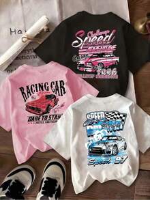 Nuevo Modelo 2026: Camiseta Casual para Mujer, Estampado de Coche - Diseño "Carreras" y "Velocidad", Mangas Cortas, Corte Ajustado, Cómoda para Todas las Temporadas, Adecuada para Uso Diario. |       Patrón de carreras |       Fibra elástica - Negro - Ver 7