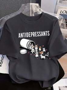 Short-Sleeved T-Shirt With A Round Neck And A Cute Dog Print Featuring "Anti-Depressants". This New, Loose-Fitting, Versatile, Minimalist-Style T-Shirt With A Round Neck And A Cute Print Is Suitable For Everyday Wear And Holidays. - 深灰色 - 查看 4