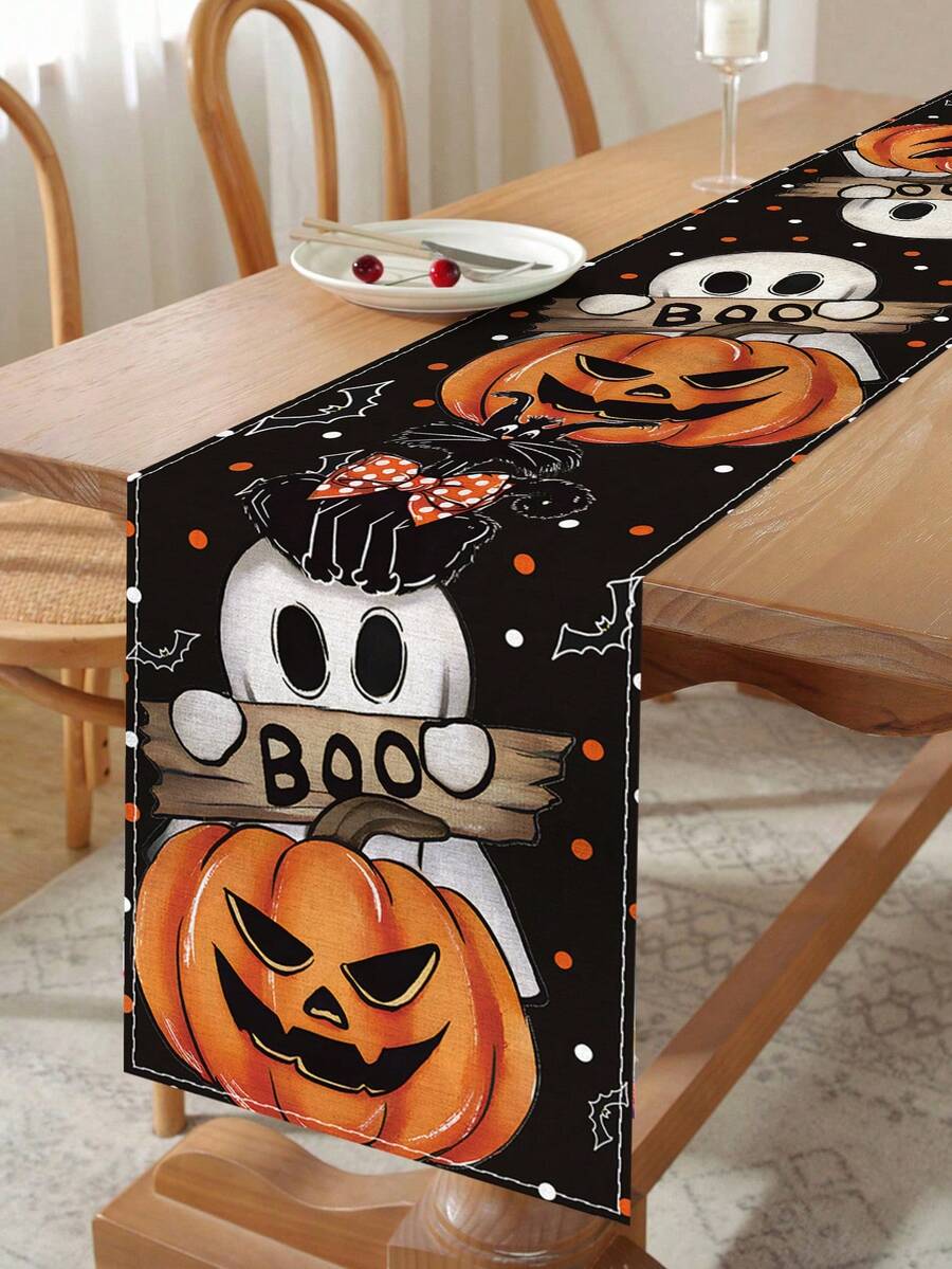 1pc Halloween Linen Table Runner, 183*33cm Pumpkin & Ghost Pattern Polyester Table Runner, Halloween Decoration, Halloween Party Dinner Table Decor, Home Decor, Halloween Candy Decoration, Happy Halloween Decoration, Table Centerpiece Decor, Scary Halloween Decoration, Tabletop Decor - Multicolor - View 1