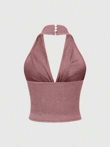 corto de camisola de punto metálico con lentejuelas para mujer, top sexy de espalda descubierta y ajustado al Body - Rosa 2 - Ver 2