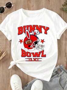 White Round Neck T-Shirt With American Football Helmet Print With Rabbit Ears And Stars For Casual Wear. - White - View 4