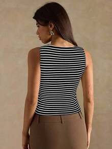 Camiseta de tirantes ajustada a rayas para mujer, ropa de verano y otoño para mujer, ropa de invierno para mujer, disfraces de Halloween, top marrón, top a rayas - Negro 2 - Ver 2