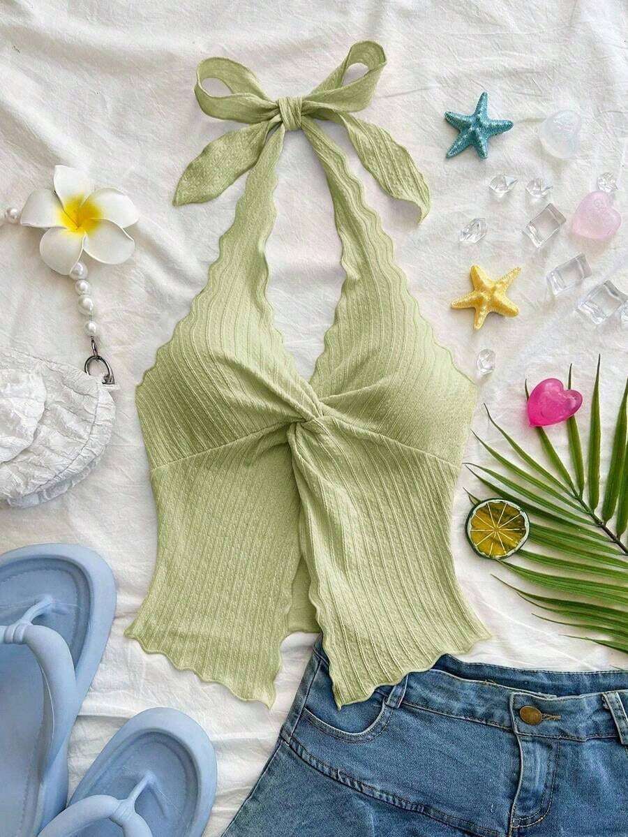 Camiseta sin tirantes sexy y con estilo, con nudo, bajo con abertura y espalda abierta - verde menta - Ver 1