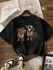 Cute Dachshund Graphic T-Shirt, Casual Round Neck Short Sleeve Tee, Summer Vacation For Women Black - Black - View 1