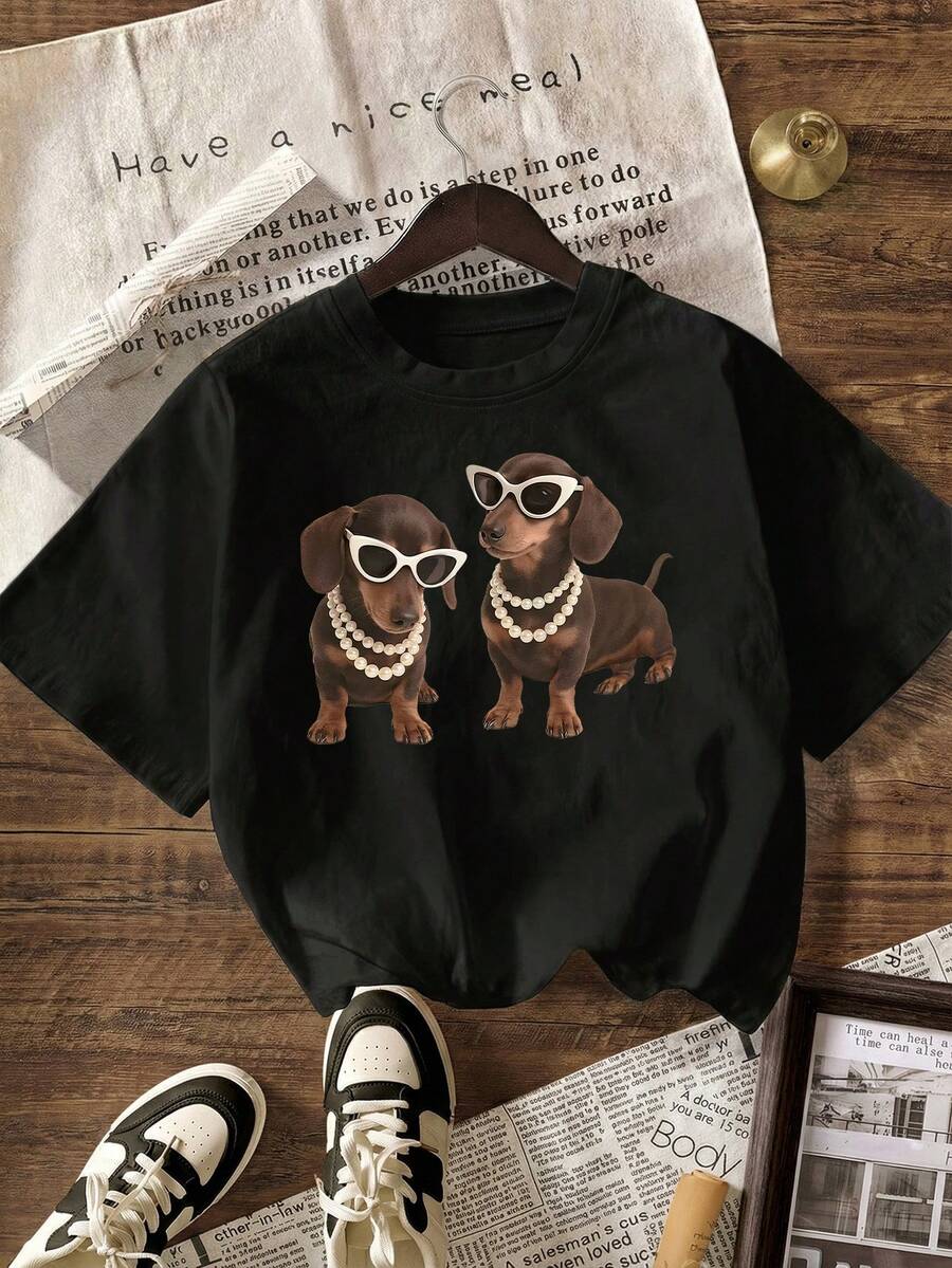 Cute Dachshund Graphic T-Shirt, Casual Round Neck Short Sleeve Tee, Summer Vacation For Women Black - Black - View 1