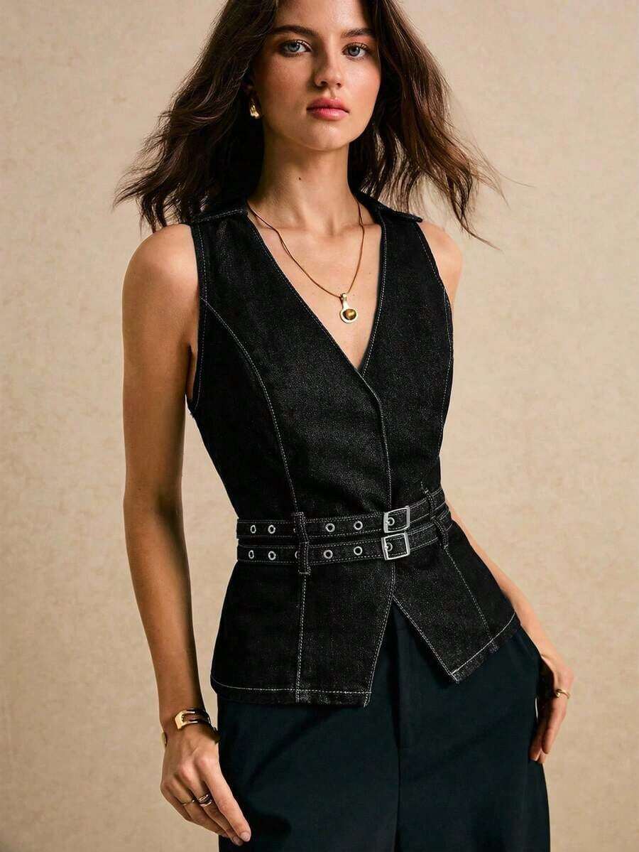 Parte superior de mezclilla sin mangas con diseño de hebilla en la cintura y cuello en V para mujer - Negro - Ver 1