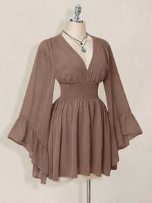 Vestido corto elegante de manga larga con cuello en V y cintura ceñida de unicolor para mujer - Caqui - Ver 4