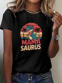 Women's Casual T-Rex Dinosaur Print T-Shirt, Crew Neck, Polyester (95%) And Spandex (5%) Blend, Geometric Pattern, All-Season T-Shirt, 180gsm - Mama Saurus Graphic Tee - 黑色 - 查看 1
