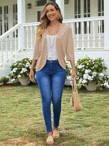 Chaqueta ligera de mujer de unicolor con abertura frontal y manga 3/4 casual - Albaricoque - Ver 4