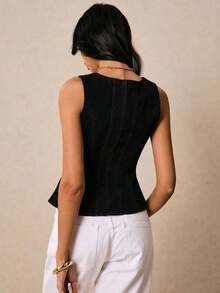 Nuevas blusas de mezclilla para mujer con cuello cuadrado, tirantes, decoración de hebilla metálica, volantes en la cintura y bajo, para otoño.Blusas de mezclilla azul oscuro, elegantes y de estilo francés para uso diario y viajes.Blusas verdes - Negro - Ver 2
