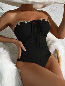 Traje de Baño Swim Vcay de 1 Pieza, Elegante, Color Marrón, con Decoración de Estrellas de Mar y Conchas, Sin Tirantes, para Mujer, Vacaciones de Verano - Negro - Ver 1