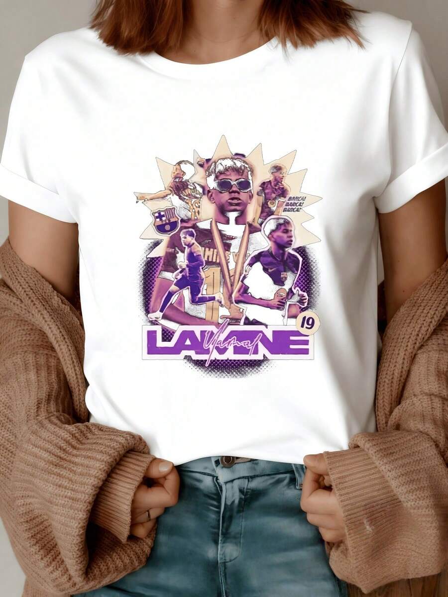 Print Showcasing Moments Of Sporty Energy With Female Figures In Action, Purple And Gold Tones Creating A Sense Of Strength And Passion. Modern Casual Women's T-Shirt For Everyday Wear - 白色 - 查看 1
