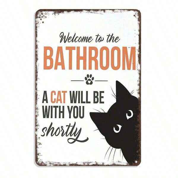 Funny Welcome To The Bathroom Cat Metal Sign - Black & White Cat Vintage Wall Decor, Retro Tin Poster 8x12 Inch For Bathroom Decor,Cat Themed Plaque,Rustic Bathroom Ornament,Novelty Animal Wall Art,Farmhouse Restroom Decor,Indoor Hanging Tin Sign,Aesthetic Room Decoration,Cartoon Cat Vintage Sign