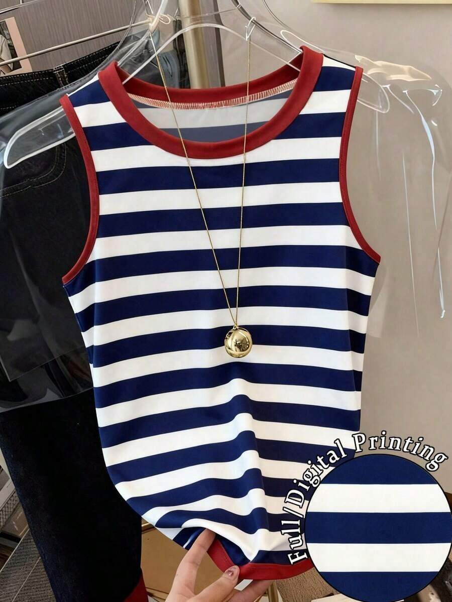 Camiseta de tirantes casual y versátil con cuello redondo y ribete acanalado a rayas para mujer - Multicolor 2 - Ver 1