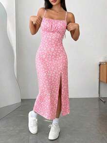 Vestido de playa para mujer con tirantes spaghetti y divisiones de tejido de punto impreso - Rosa - Ver 5