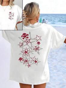 Constellation Of Red Stars With Subtle Skulls Symbolizing Rebellious Energy And Inner Brilliance In Balance. Women's T-Shirts With Double Print Front And Back, Modern And Comfortable. - 白色 - 查看 1