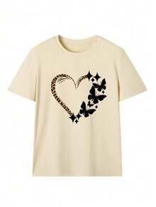 This Relaxed-Fit, Crew-Neck, Short-Sleeved T-Shirt Is Perfect For Summer. It Features A Fun Retro Print Of Leopard Print, Hearts, And Butterflies. Ideal For Vacations, The Office, Outings, Everyday Wear, Dates, Parties, Meetings, And For A Casual Urban Look. A Versatile Piece With A Casual And Sporty Style, It Also Makes A Great Gift For Various Occasions. - 杏色 - 查看 2